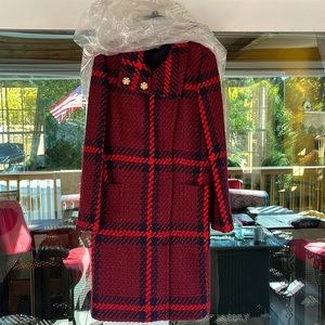 Ann Taylor Plaid long coat. Maroon with navy and red